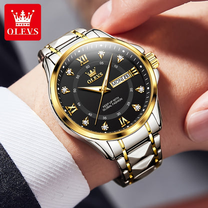 OLEVS Men's Luxury Business Chronograph Watch - Stainless Steel Dual Date & Day Calendar, Luminous Hands, Quartz Movement, Black Dial with Golden Accents for Formal & Casual Wear, Professional Timepiece, Sophisticated Style,