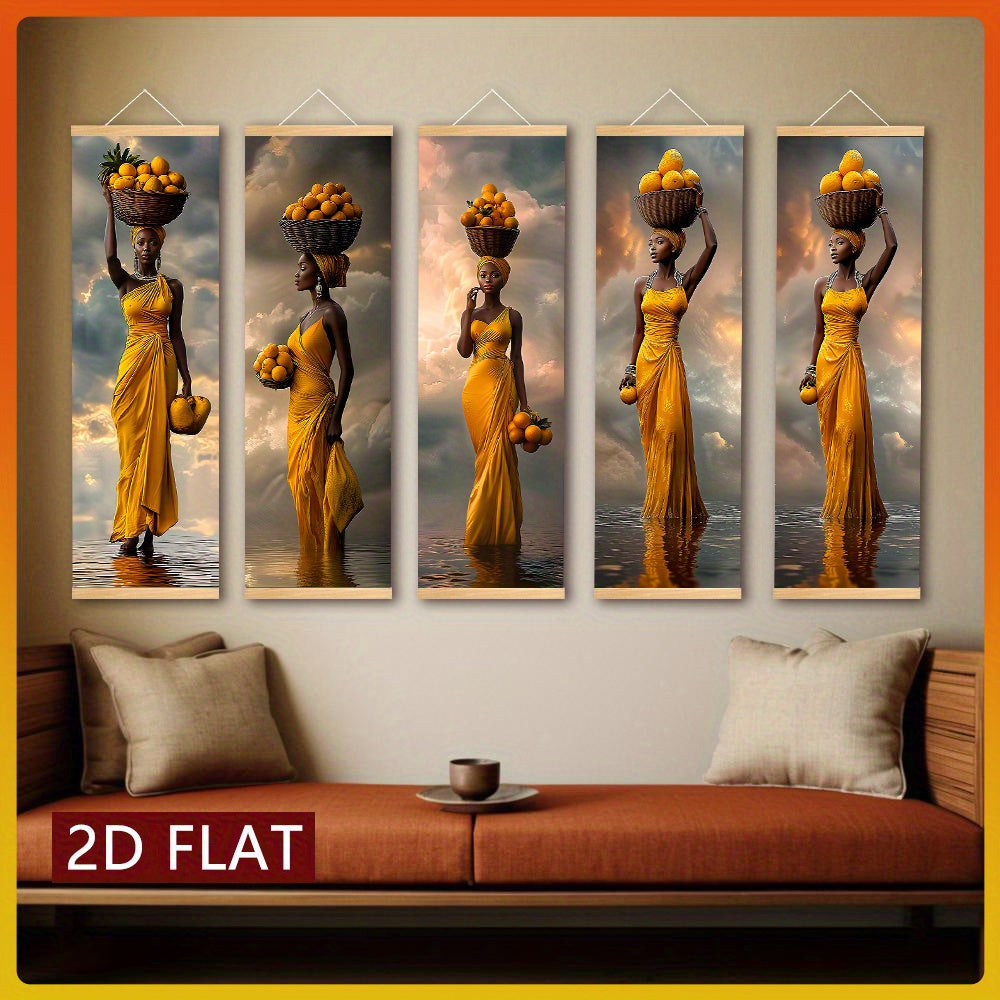 5pcs African Woman Wall Art Set - Bohemian Wood Framed Vertical Panel Paintings with Traditional Dress, Headwrap & Basket - Cultural Canvas Decor for Living Room, Bedroom, Cafe - Hook Installation ( Use)