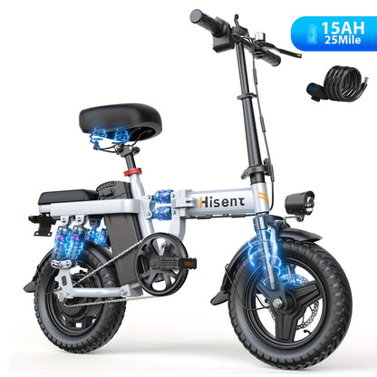 Hisent Adult Electric Bicycle, 48V 6A10A/15A/17.5A Lithium Battery, 20MPH, 8-35 Miles Range, 740W Brushless Motor, Multiple Shock Absorbers, 14" High-quality Tires, 3-step Folding, LCD Display, with Headlight And Taillight, C