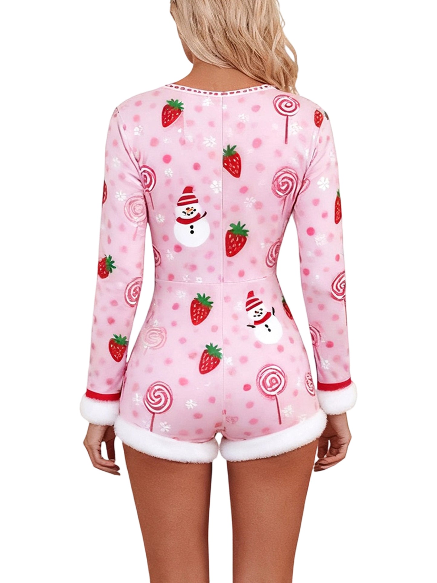 Women'S Christmas Romper Pajamas - Festive Snowman & Candy Cane Print Long Sleeve V-Neck Jumpsuit with Raw Edge Trim, Soft Stretch Fabric Slim Fit Coquette Style Holiday Party Outfit, Y2K Winter Sleepwear & Lounge Wear for Ad
