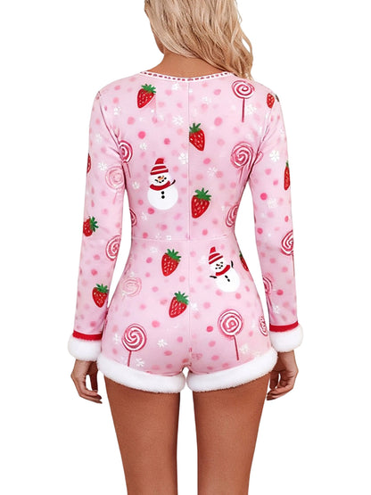 Women'S Christmas Romper Pajamas - Festive Snowman & Candy Cane Print Long Sleeve V-Neck Jumpsuit with Raw Edge Trim, Soft Stretch Fabric Slim Fit Coquette Style Holiday Party Outfit, Y2K Winter Sleepwear & Lounge Wear for Ad