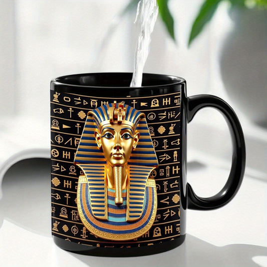 1pc Egyptian Pharaoh Tutankhamun King Tut Golden Mask Design Black Ceramic Mug - 11oz Durable Coffee Cup with Hieroglyphic Print, Ideal Gift for Birthdays, Anniversaries, History Lovers & Egyptian-Themed Home Decor