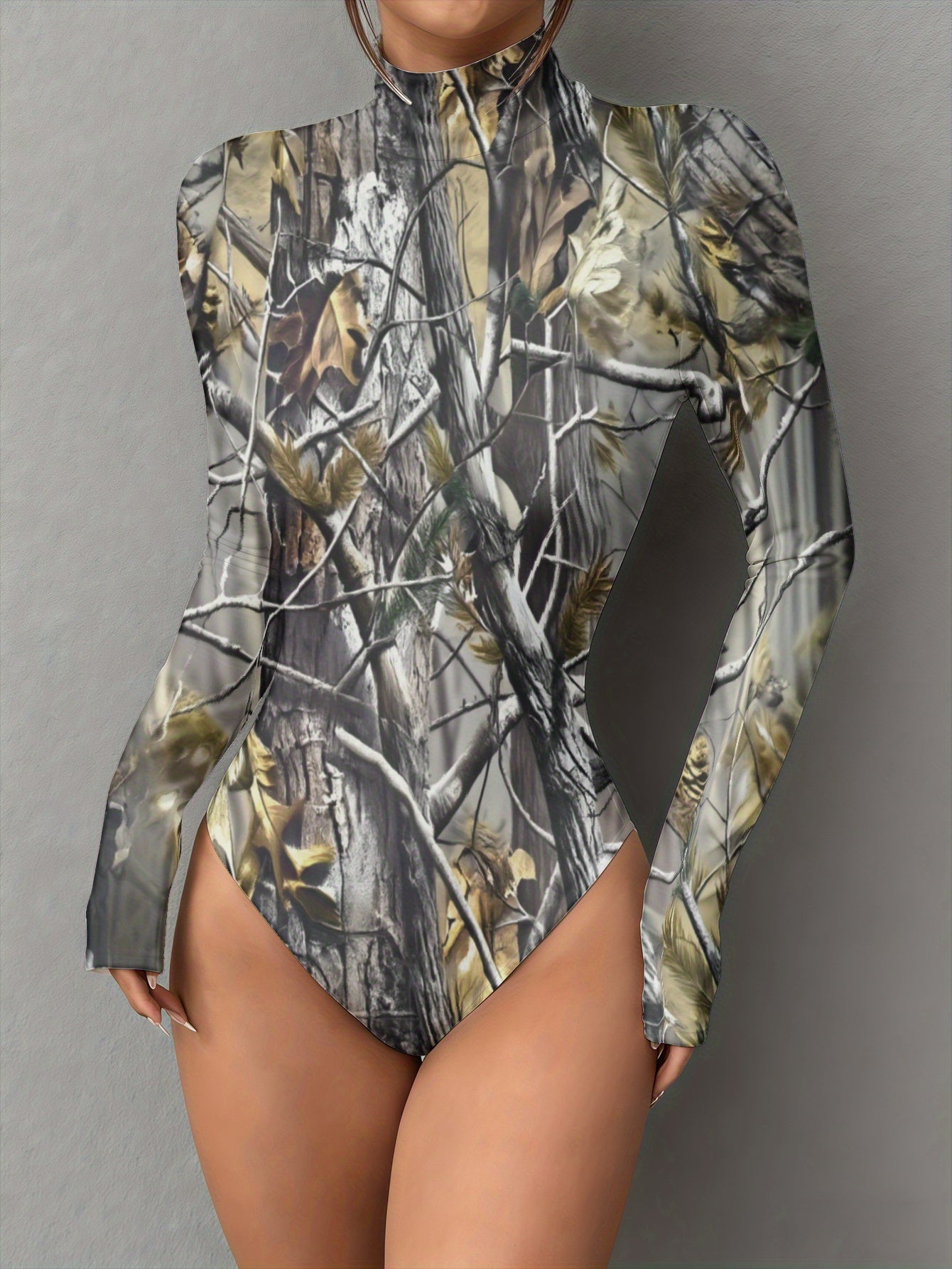 New Women's Tree Branch Leaf Camo Print High Collar Long Sleeve Bodycon Jumpsuit, Autumn and Winter Full Set Casual Jumpsuit, Women's High-Stretch Yoga Romper