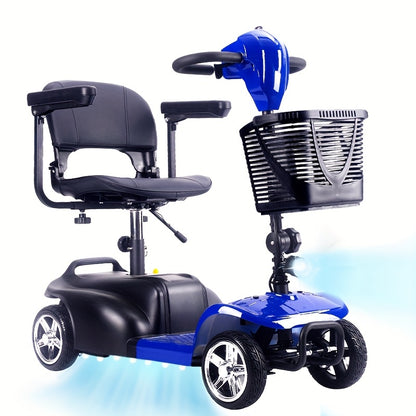 A Four-wheeled Foldable Electric Mobility Scooter For Seniors, It Has A 250W Motor, 24V Power System, 15-mile Range, Front LED Lights, Detachable Basket, Rotatable Seat, And Folds For Car Storage, The Perfect Choice For Daily