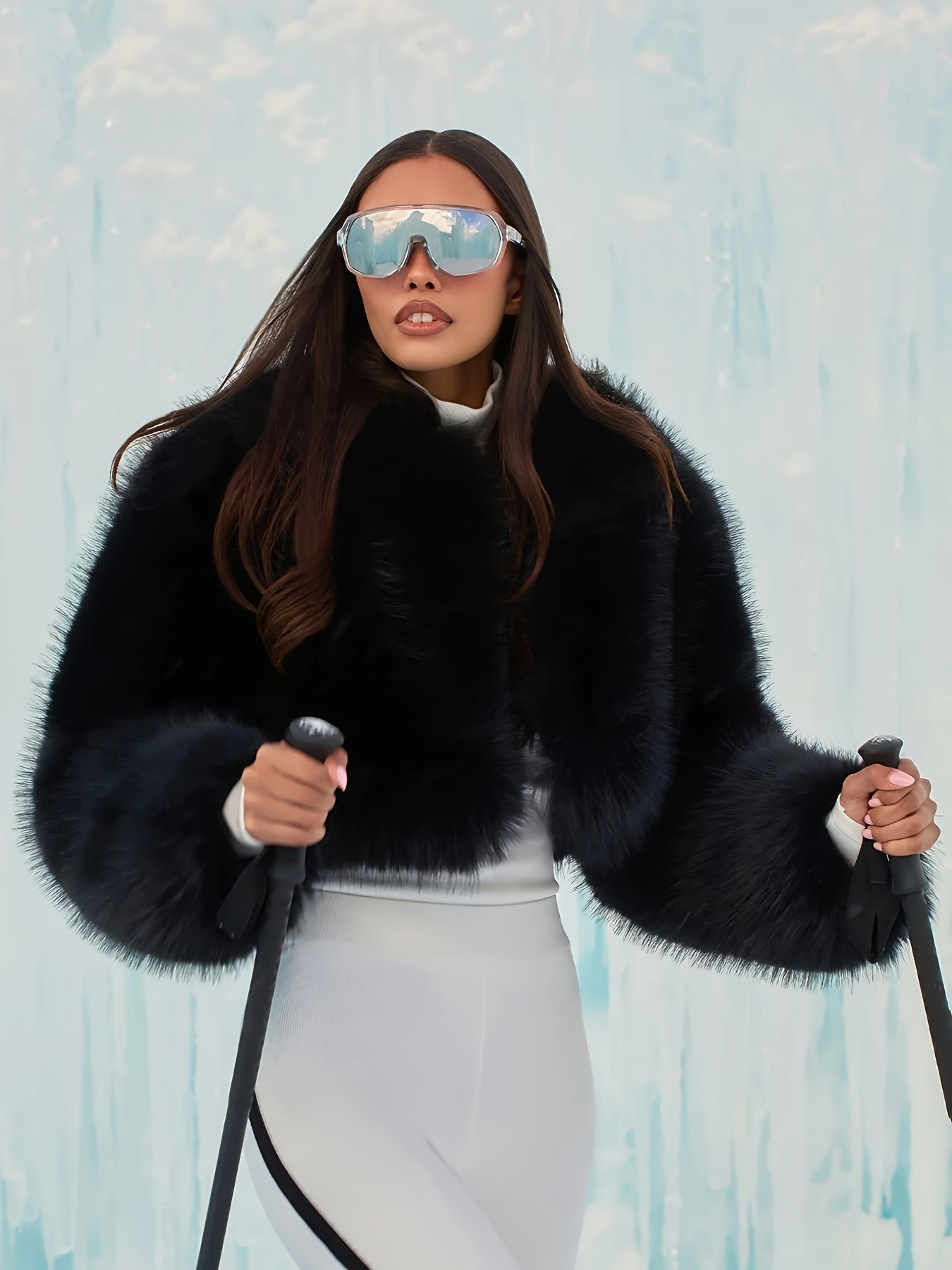 Party Club Holiday Night Out - Women's Warm Faux Fur Fuzzy Plush Coat Top - Black Shaggy Cropped Short Jacket - Y2K Streetwear Outerwear