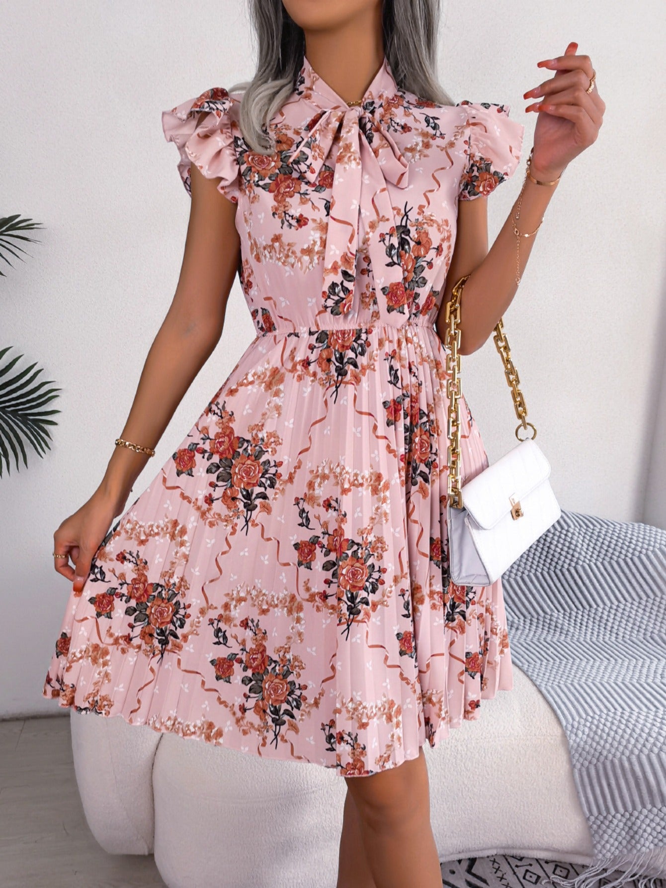 Women'S 2026 Spring Summer Elegant Floral Tie Waist Maxi Flare Pleated Dress | Lightweight, Breathable, Soft, Comfortable, Versatile, Casual Party Dating Daily Going Out Dress, Sleeveless, Crew Neck, Regular Fit