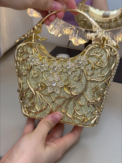 Perfect for Weddings, Proms & Formal Events - Handcrafted Rhinestone Clutch Purse - Luxurious Floral Evening Bag for Women - Elegant Dinner Handbag with Glittering Rhinestones & Golden-Tone Metal Handle