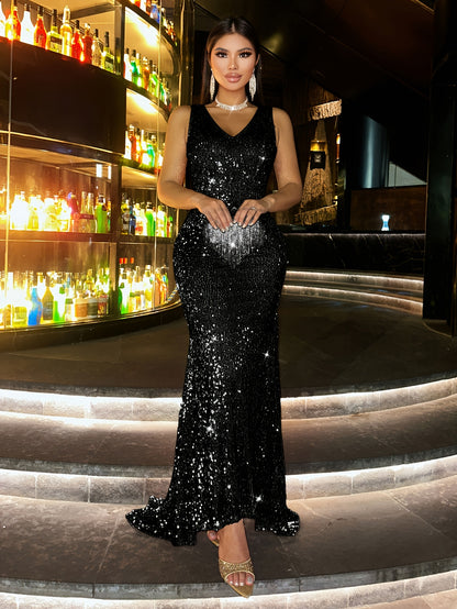 New Sequin Women's Long Dress, Gorgeous Elegant Evening Party Formal Wear Slim High-Waisted Off Shoulder Backless Bridal Wedding Guest Outfit for Travel Music Festival Banquet