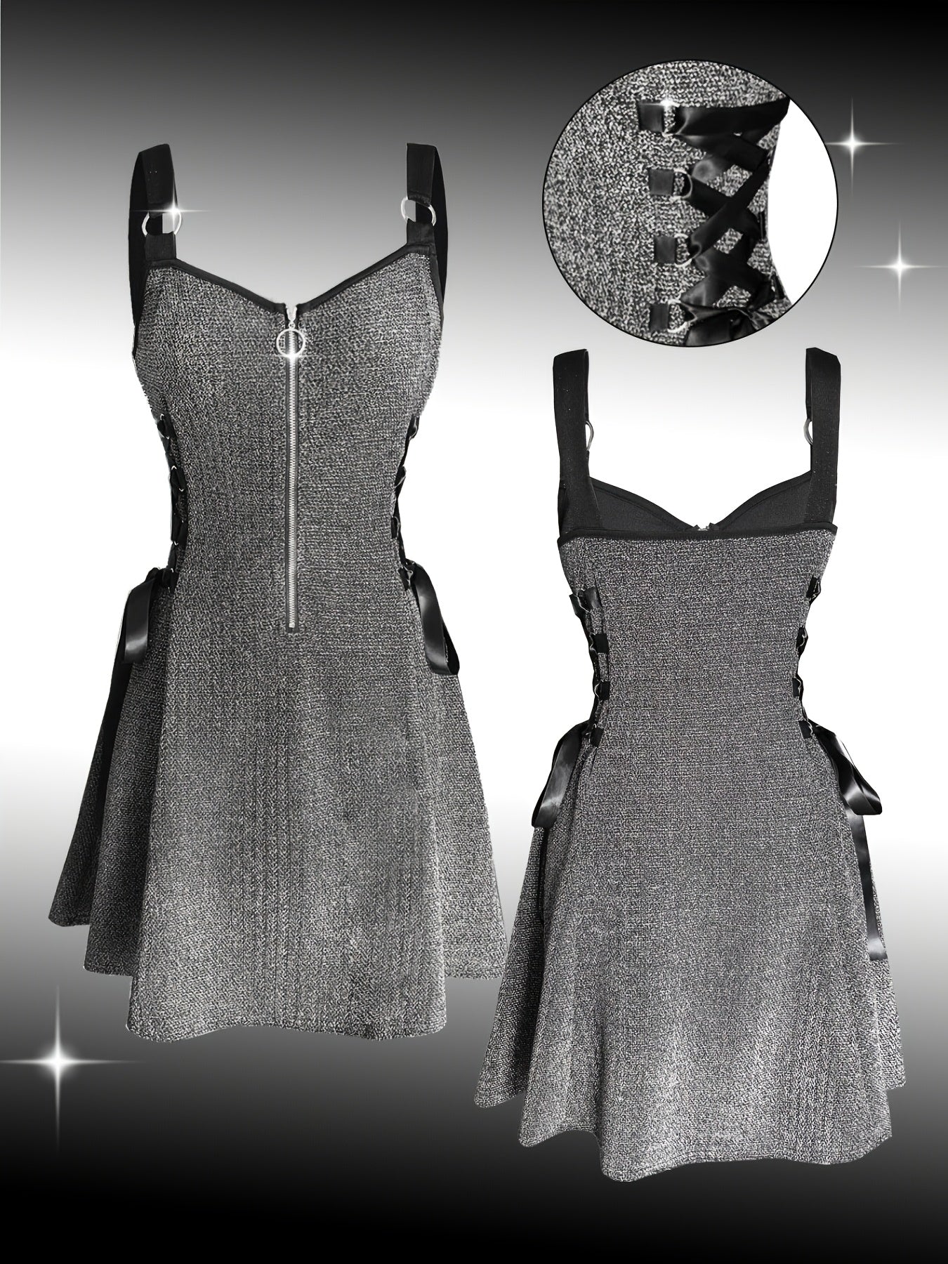 Y2K Metallic Fabric | Fashionable Women'S Peplum Dress with V-neck and Zipper Closure | Flared Hem, Waist-Cinching Details | All-Season Wear