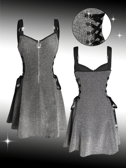 Y2K Metallic Fabric | Fashionable Women'S Peplum Dress with V-neck and Zipper Closure | Flared Hem, Waist-Cinching Details | All-Season Wear