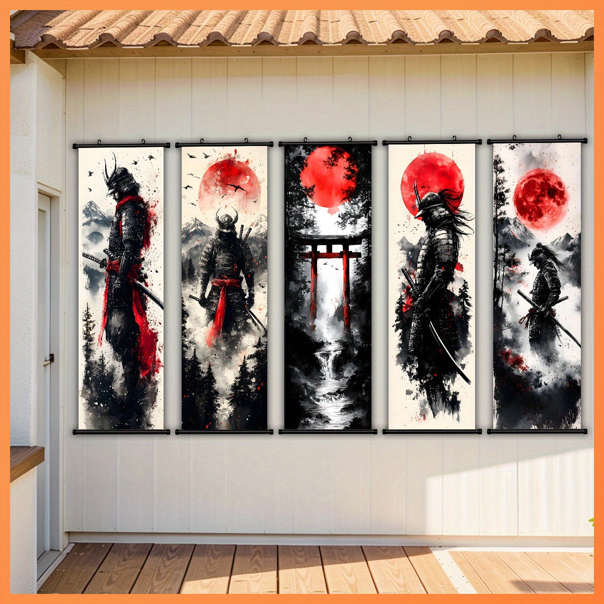 -5pcs Creative Canvas Hanging Scroll Art Set, Samurai Canvas Art, Splash Ink Samurai Landscape Print Canvas Wall Art Set for Bedroom, Office, Dormitory Decoration with Plastic Frame Hooks,  Office Decor, Classic Prints, Frame