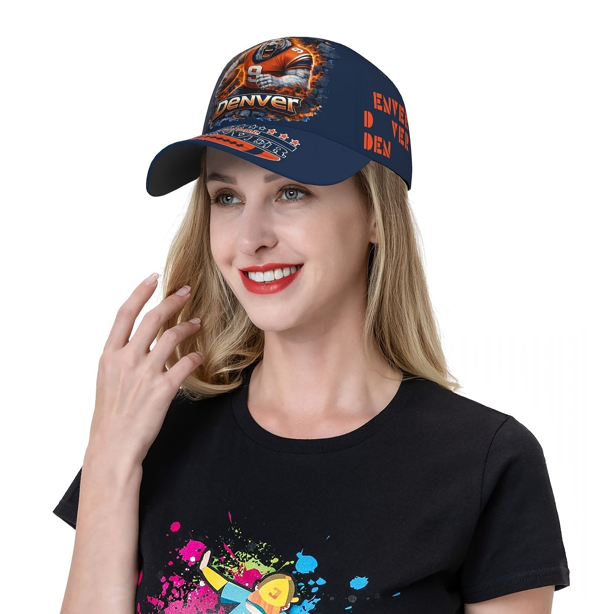 Dark Blue-Orange Football Wolf Player Flame Graphic Fan Baseball Cap - 100% Polyester Breathable Adjustable Comfort Cap