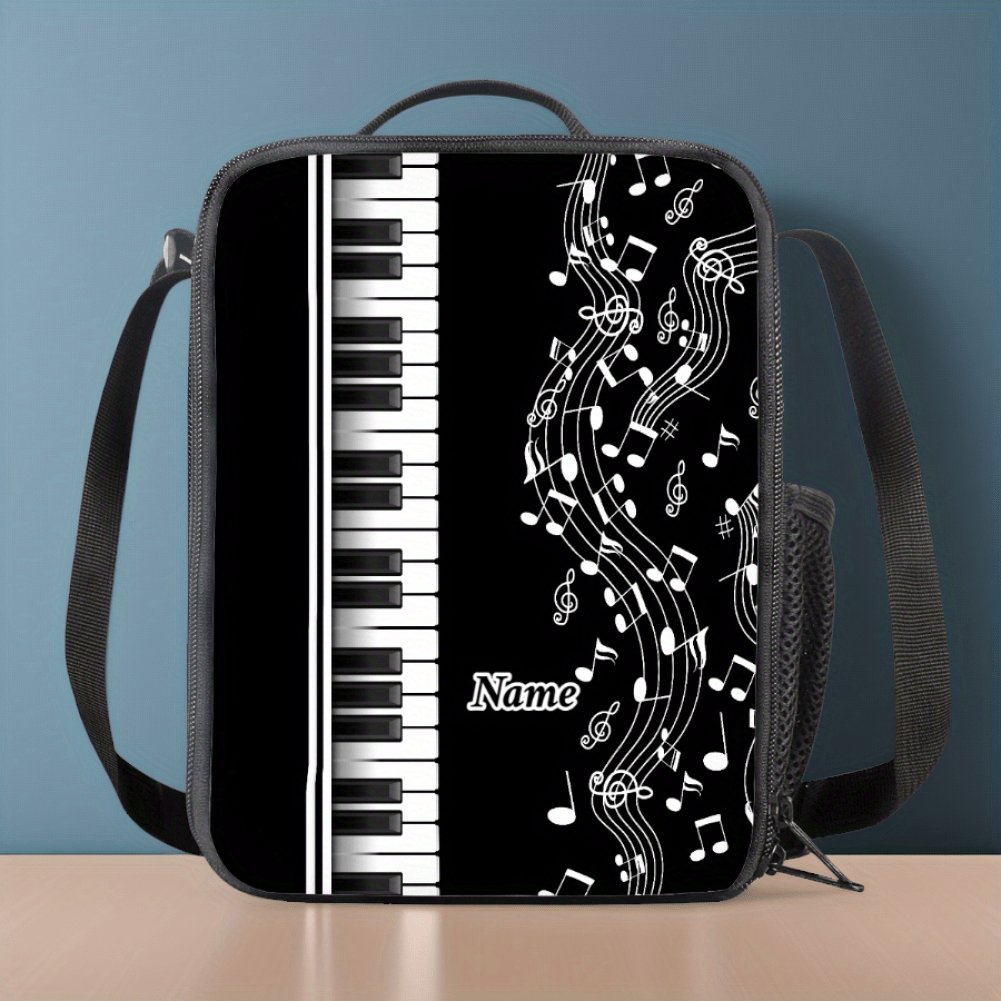 Customizable Piano-Themed 2D Printed Handbag - Black with White Music Notes & Red Accents, Durable Polyester, Personalized Name Option, Compact & Stylish for Commuting or Casual Use, Piano Accessories