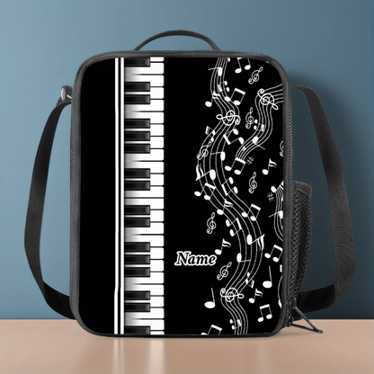 Customizable Piano-Themed 2D Printed Handbag - Black with White Music Notes & Red Accents, Durable Polyester, Personalized Name Option, Compact & Stylish for Commuting or Casual Use, Piano Accessories
