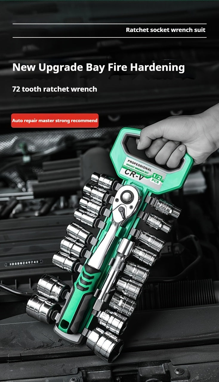 30/22/13-piece Professional Chrome Vanadium Steel Forged 72-tooth Ratchet Wrench And Sleeve Set (including Storage Rack) - Multi-specification, Full Size - Suitable For Automobile Engine, Motorcycle And Bicycle Repair And Mai