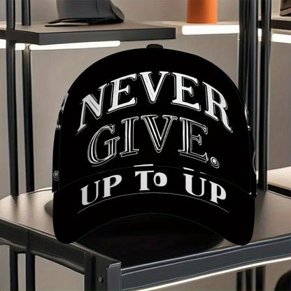 1pc 2D Never Give Up Words Print Baseball Cap - Full-Body Vibrant Polyester Hat, Adjustable Snapback for Running, Sports & Casual Streetwear., Running Hat, Outdoor Headwear, Trendy Streetwear, Lightweight Hat, Durable Fabric,