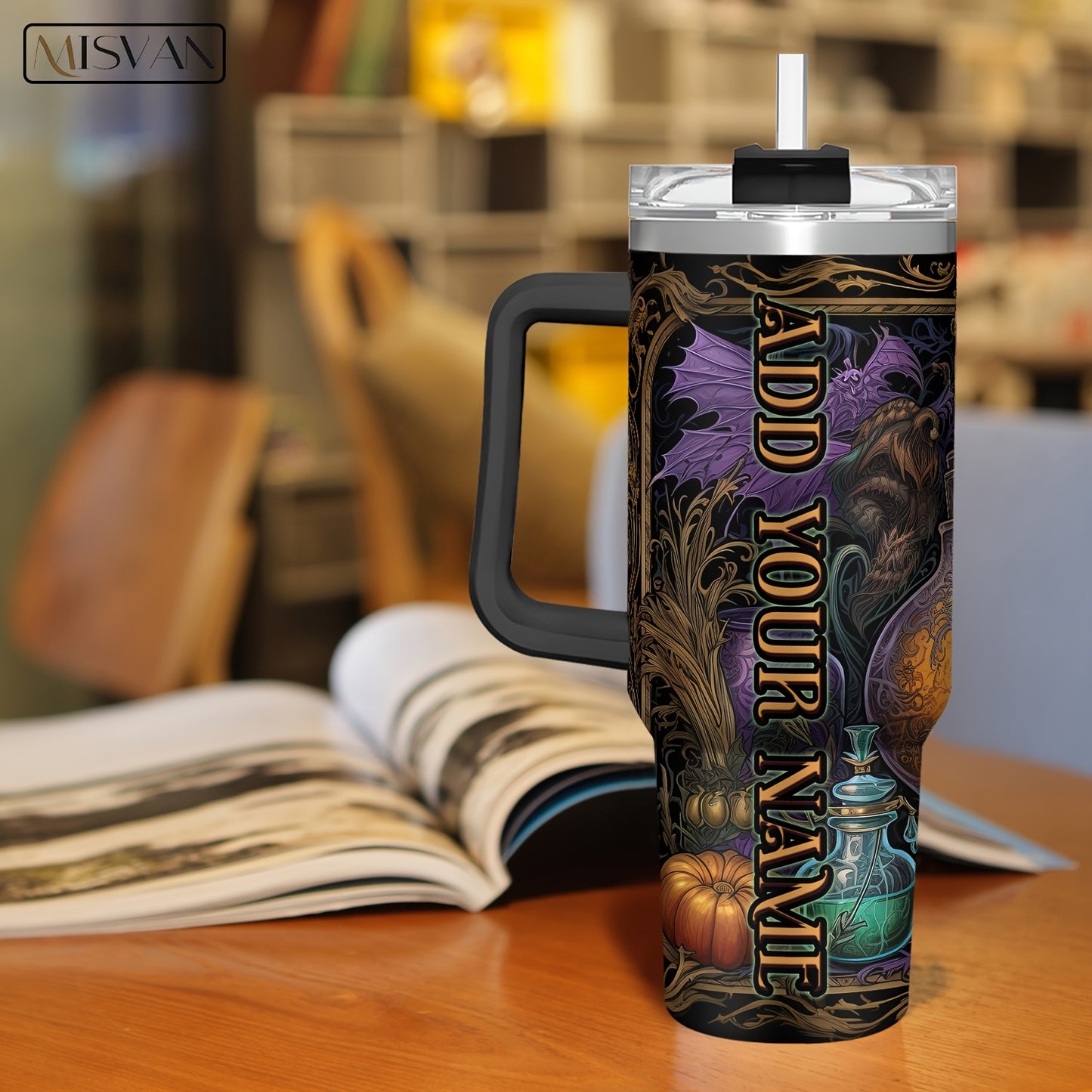 1pc MISVAN Magic Potion-Themed Tumbler with Your Name/Text - Double-Wall Vacuum Insulated Stainless, Straw & Handle, Travel Mug Suitable for Adults, Ideal for Christmas, Halloween Gifts, Magic-Themed Drinkware