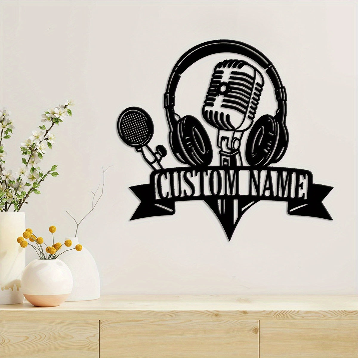 2D Flat, 1pc Customizable Metal Sign with Headphones & Microphone Silhouette Wall Art - Personalized Name Banner, Durable Iron Wall Decor for Home Studio, Living Room, Outdoor Patio - Music-Themed Decorative Accent, Metal Wal