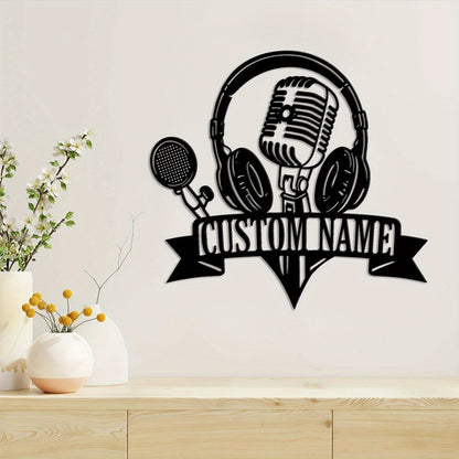 2D Flat, 1pc Customizable Metal Sign with Headphones & Microphone Silhouette Wall Art - Personalized Name Banner, Durable Iron Wall Decor for Home Studio, Living Room, Outdoor Patio - Music-Themed Decorative Accent, Metal Wal