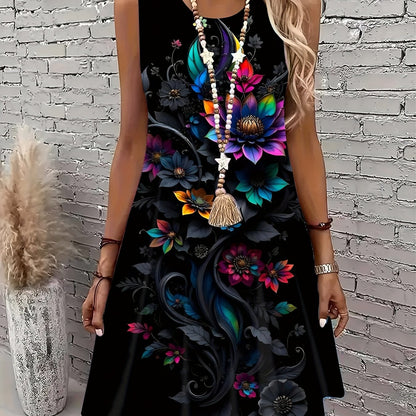 Women'S Retro Elegant Sleeveless Dress | Casual Summer and Spring Short-Sleeve Dress, Lightweight Stretch Fabric, Print Pattern, Crew Neck, Machine Washable, Suitable for Spring, Summer, and Autumn Vacations and Formal Occasi