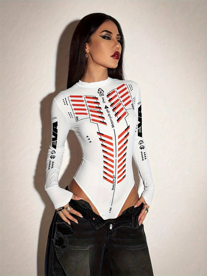 Spicy style, windbreaker-style printed long-sleeved half-high-neck one-piece top for women - a stylish and summer top that will definitely become a hit on the streets!