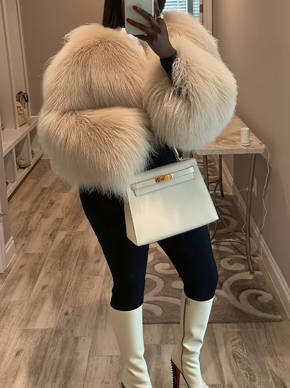 GlOURI Women's Luxury White Outerwear - Cropped Faux Fur Jacket - Fluffy Soft Fuzzy Coat With Long Sleeves | For Evening Parties, Street Style And Seasonal Occasions(Fall Winter Essential)