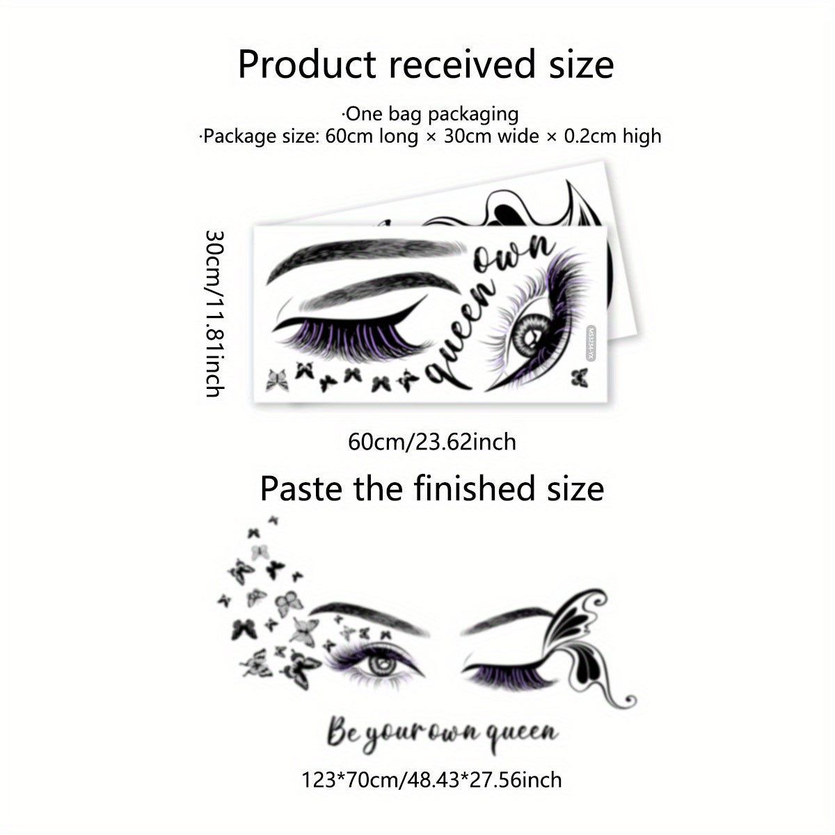 Female Eye & Butterfly Wall Sticker with Queen Slogan - Black & White Elegant Eyelash Mascara-Like Design, "Be Your Own Queen" PVC Decal for Room,, Bedroom, Living Room Decor - Easy Peel & Stick