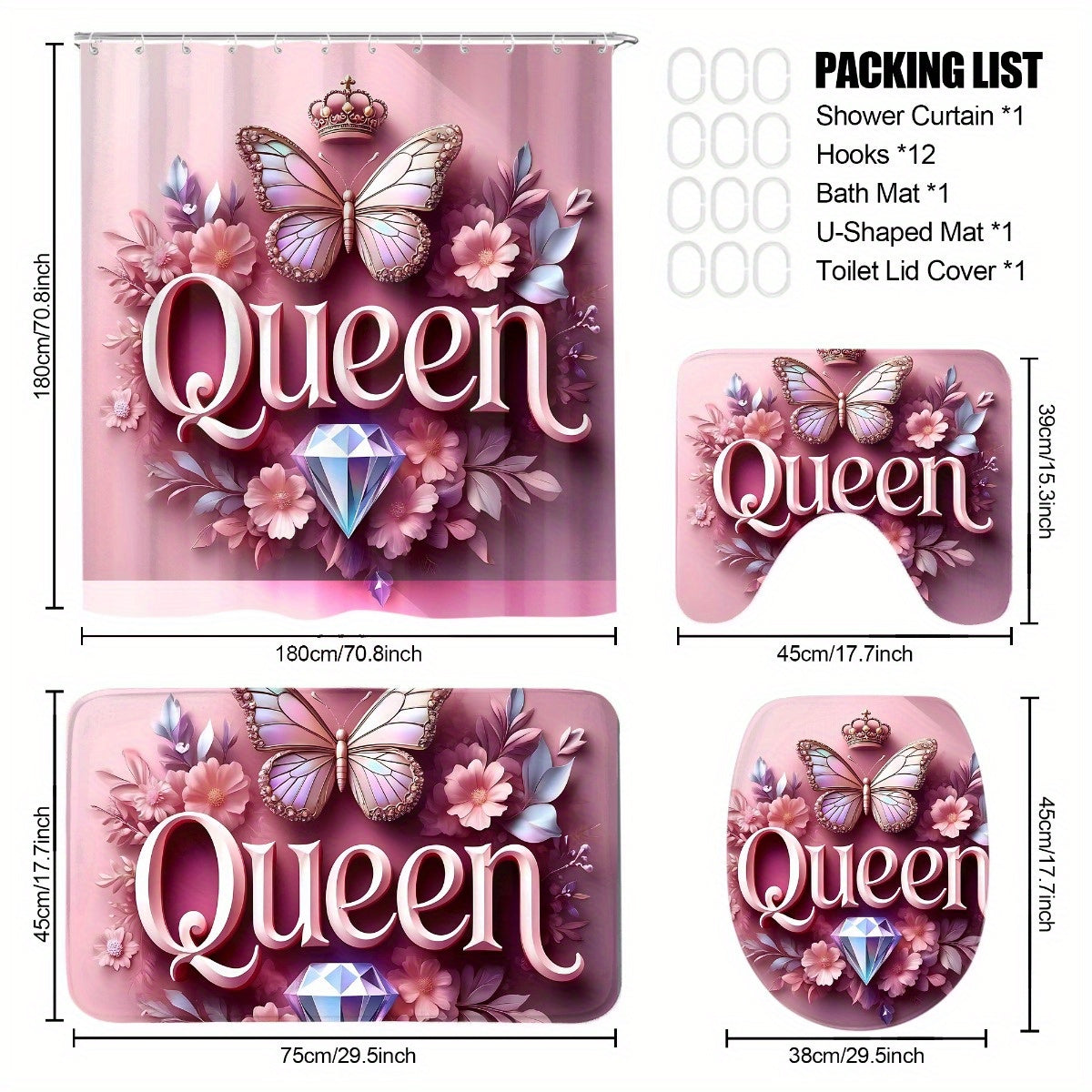 4pcs Queen Pattern Shower Curtain Set, Fashion Bathroom Curtain Set with 12 Hooks Included, Matching Anti Slip Mats & Toilet Covers, Modern Bathroom Accessories Ideal for Home Decor & Housewarming Gift
