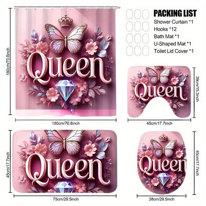 4pcs Queen Pattern Shower Curtain Set, Fashion Bathroom Curtain Set with 12 Hooks Included, Matching Anti Slip Mats & Toilet Covers, Modern Bathroom Accessories Ideal for Home Decor & Housewarming Gift