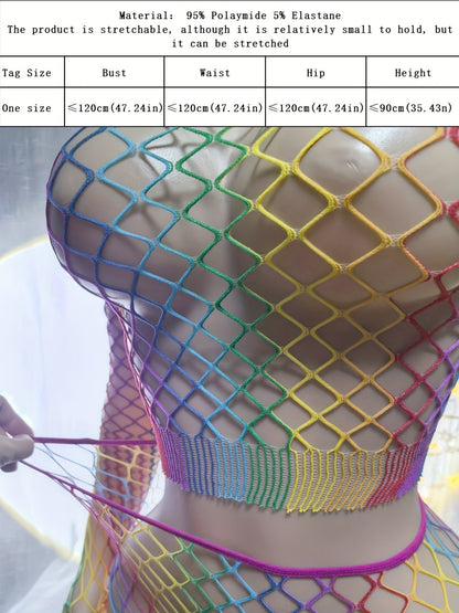 1 set of Women's sexy lingerie set, bright fishnet top, Women's bright rainbow fishnet top, hollow design, elastic nylon, see-through beachwear and swimwear, for music festivals, vacations and summer outings