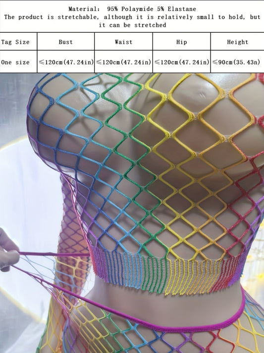 1 set of Women's sexy lingerie set, bright fishnet top, Women's bright rainbow fishnet top, hollow design, elastic nylon, see-through beachwear and swimwear, for music festivals, vacations and summer outings