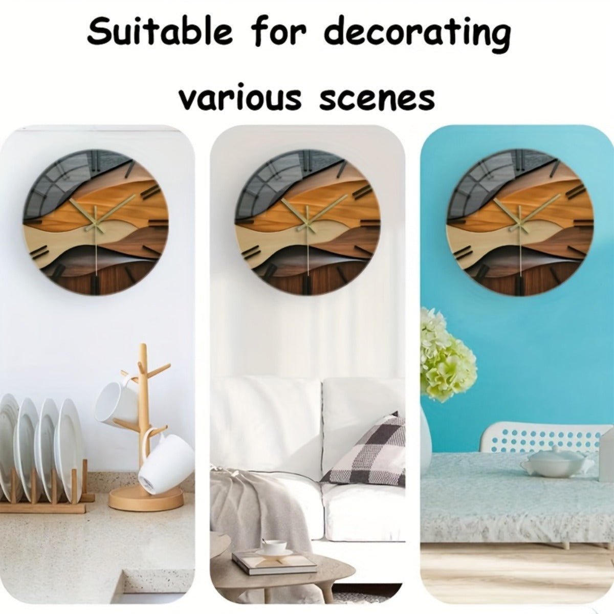 12-Inch Silent Modern Minimalist Wood Grain Wall Clock - Thickened Reinforced Glass Face, Japanese Automatic Movement, Battery-Powered (AA Battery Not Included) - Black/Beige/Brown Contemporary Round Design for Living Room, B