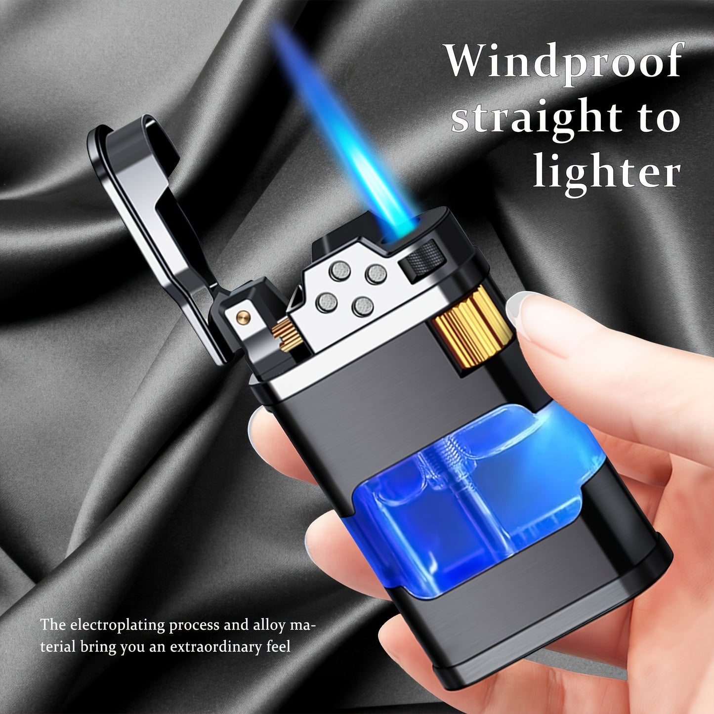 Windproof Blue Flame Butane Lighter with Transparent Gas Chamber & Wheel Ignition - Ergonomic Outdoor Lighter for Camping, Hiking, Candles - Durable Metal Construction, Perfect Gift for Dad, Boyfriend (No Butane Gas Included)