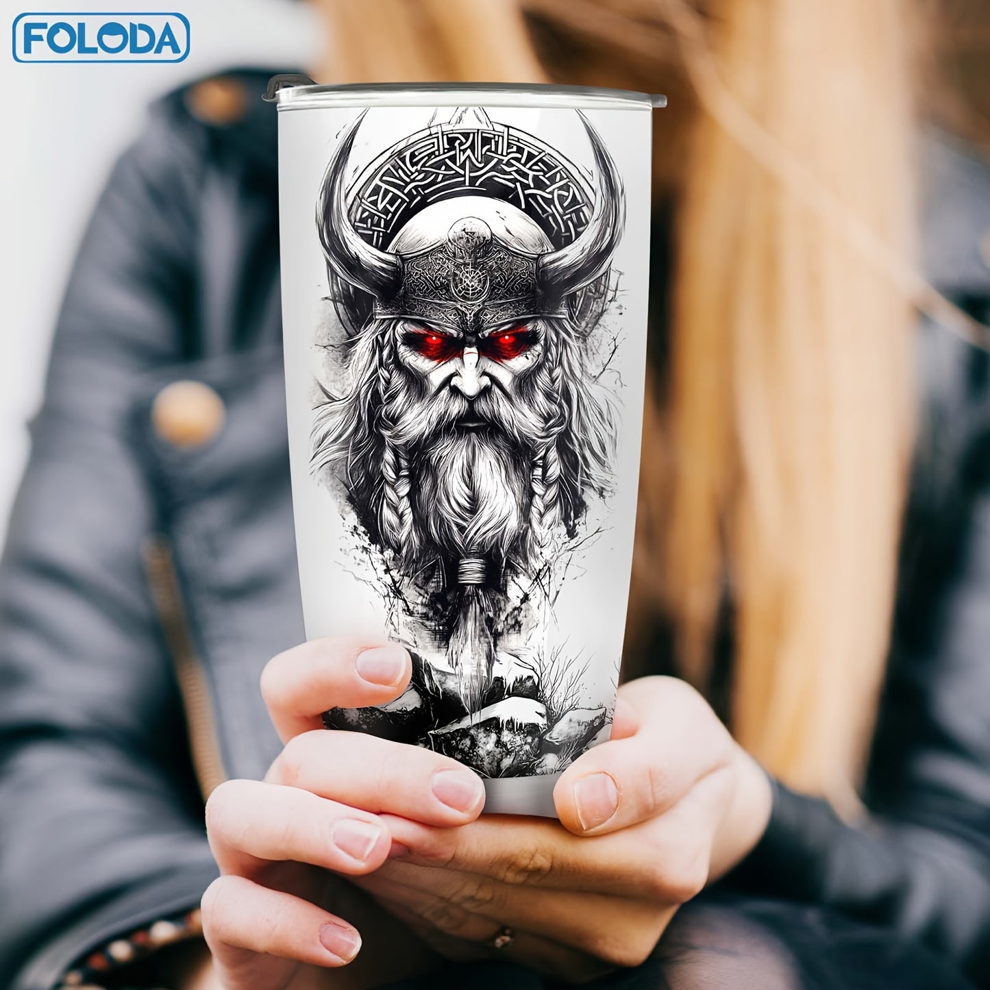 Foloda 20oz Viking Wolf Tumbler with Lid - Insulated Stainless Steel Travel Mug, Norse Design Thermal Cup with Leakproof Lid & Straw Compatible, Double-Wall Vacuum Insulation for Hot/Cold Drinks, Viking Warrior & Wolf Howling