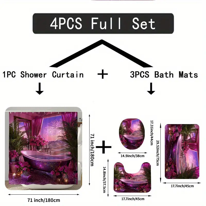 1/4pcs Dreamy Bathtub Night Scene Print Set, Extra Wide Circular Shower Curtain, Includes Non-Slip Mat, Toilet Seat Cover, Floor Mat, and 12 Plastic Hooks, Bathroom Accessories, Holiday Decoration, Home Gift, Shower Curtain S