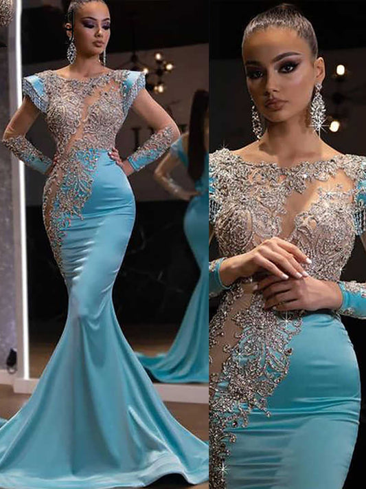 Mermaid Evening Gown in Sand Golden | Women's Elegant Slim Fit Floor Length Banquet Dress with Train