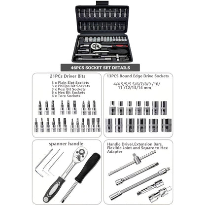Black 46/215+1pc High-end Professional Tool Set, Auto/bicycle Repair Machinery Kit, 1/2 Inch *1/4 Inch 3/8 Inch Drive Depth And Standard Wrench Set, Race-grade Auto Parts Repair Ratchet Wrench And Other Auto Repair Accessorie