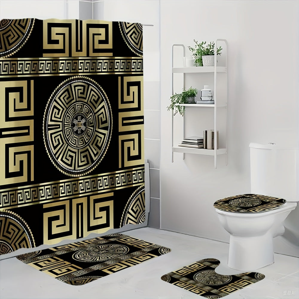 1/4pcs Golden Glitter, Geometric Pattern Bathroom Set, High Quality and Multifunctional Shower Curtain with 12 Hooks, Nonslip Bathroom Mat, Ushaped Toilet Mat, Toilet Seat Mat, Bathroom Decoration, Bathroom Partition, Room De