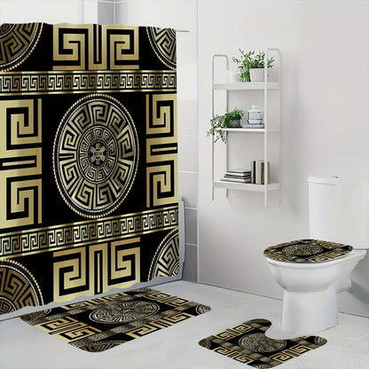 1/4pcs Golden Glitter, Geometric Pattern Bathroom Set, High Quality and Multifunctional Shower Curtain with 12 Hooks, Nonslip Bathroom Mat, Ushaped Toilet Mat, Toilet Seat Mat, Bathroom Decoration, Bathroom Partition, Room De