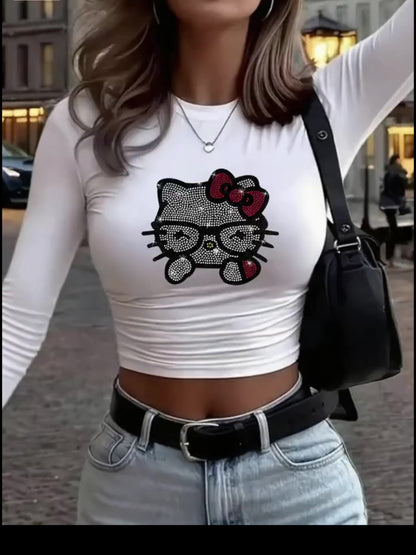 [Printed Design – Not Textured] HELLO KITTY Classic IP Collaboration Autumn/Winter Women's Y2K Long-Sleeve High-Waist T-Shirt. Features Sanrio All-Star Kitty, Pompompurin, Kuromi, and My Melody Print Designs. Cute, Sweet, a
