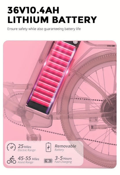 Sakura Pink Electric Bike for Adults, 500W Motor 7-Speed Commuter Ebike with 36V/10.4Ah Removable Battery, 20 MPH & 25-40 Miles Range, 24 Inch Electric Bike, Beach Cruiser Ebike for Women, Students & Commuters, Electric Bike