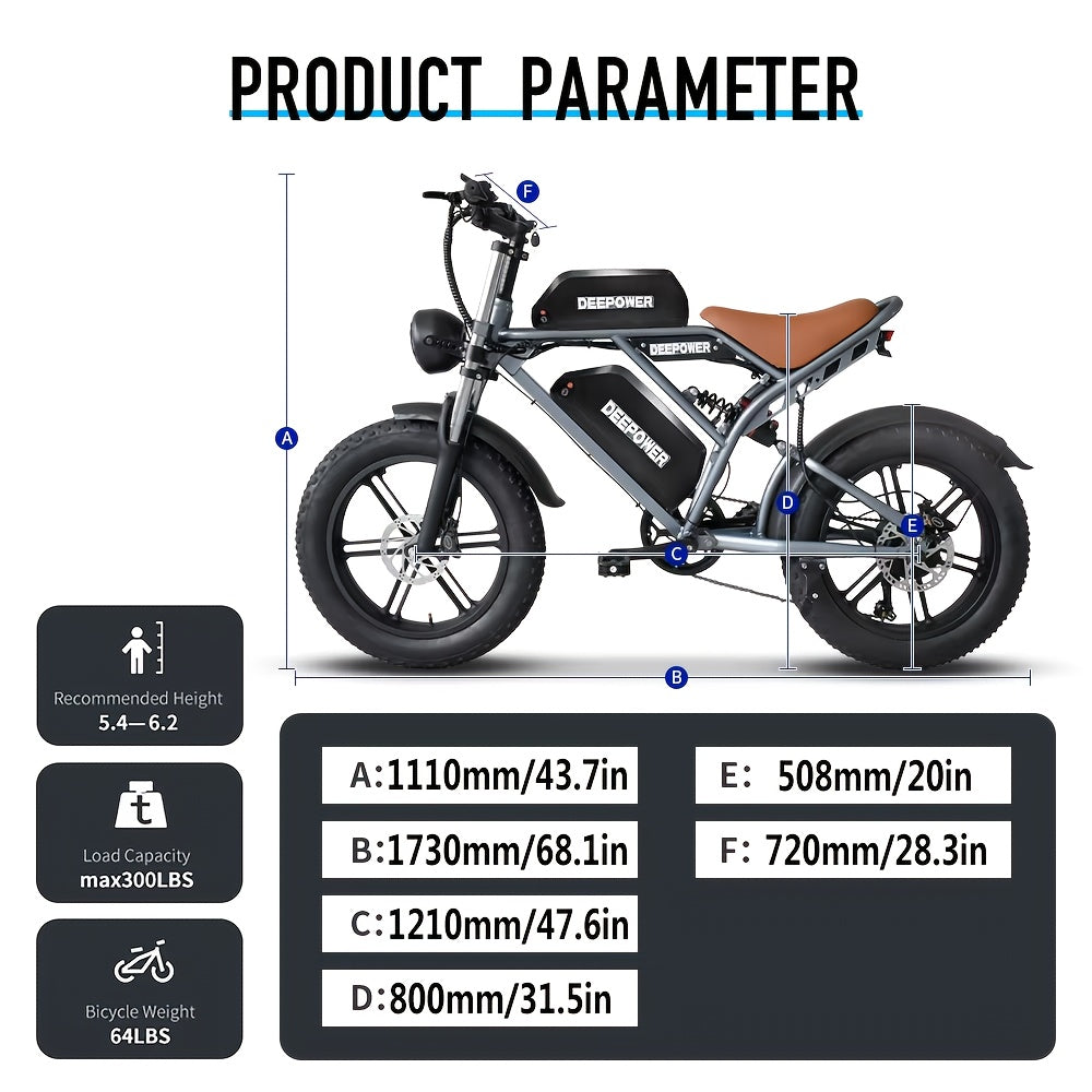 Deepower Electric Bike QS7 740W 48V 20AH/35AH/60AH 20 Inch Fat Tire Adult Electric Bike 80 Miles Range Mountain Cross Country Dual Battery Electric Bike