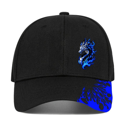 1pc Black Baseball Cap with Blue Flame Dragon Print - Adjustable Street Style Outdoor Sports Hat for Men, Curved Brim Design, Casual Streetwear Accessory | Flame Motif Cap | Adjustable Baseball Cap