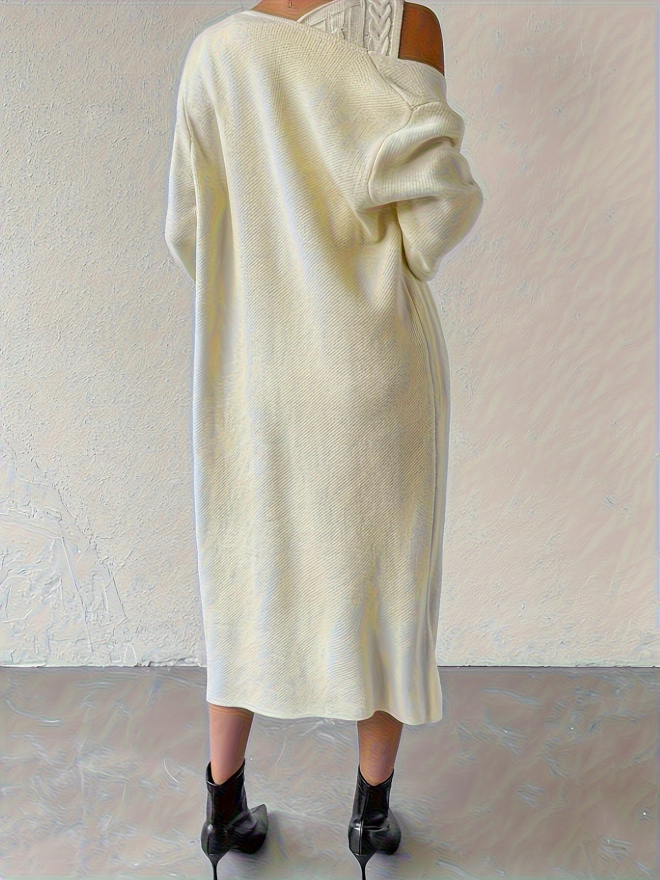 Solid Slouchy Elegant Dress Set, Button Up Long Sleeve Long Length Cardigan & Cable V-neck Sleeveless Slim Tank Dress Outfits, Women's Clothing