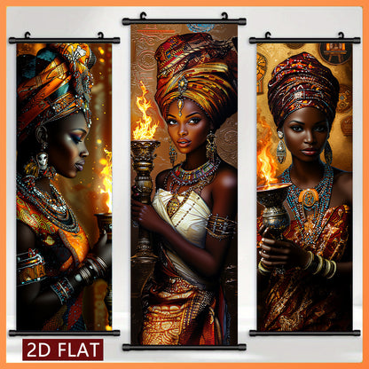 2D Flat, 2D/FLAT-3 African Flame Theme Women's Scroll, High-Quality Art Hanging Painting, Fade-Resistant & Odorless Modern Decor for Living Room, Bedroom, and Kitchen