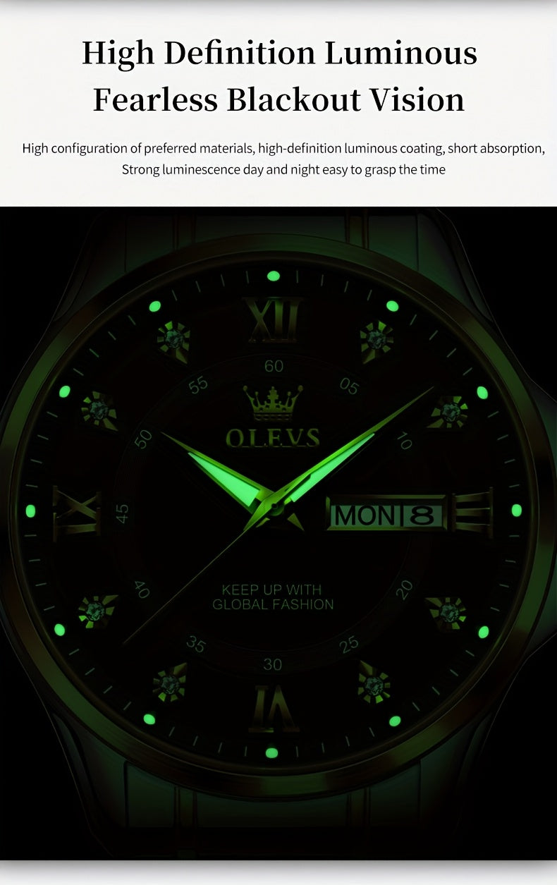 OLEVS Men's Luxury Business Chronograph Watch - Stainless Steel Dual Date & Day Calendar, Luminous Hands, Quartz Movement, Black Dial with Golden Accents for Formal & Casual Wear, Professional Timepiece, Sophisticated Style,