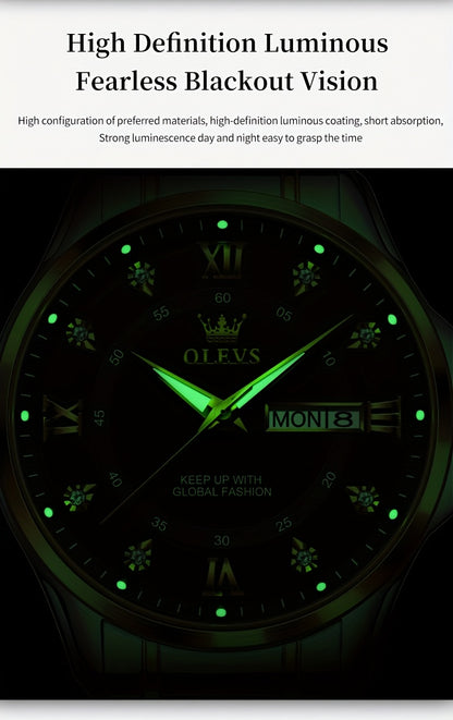 OLEVS Men's Luxury Business Chronograph Watch - Stainless Steel Dual Date & Day Calendar, Luminous Hands, Quartz Movement, Black Dial with Golden Accents for Formal & Casual Wear, Professional Timepiece, Sophisticated Style,