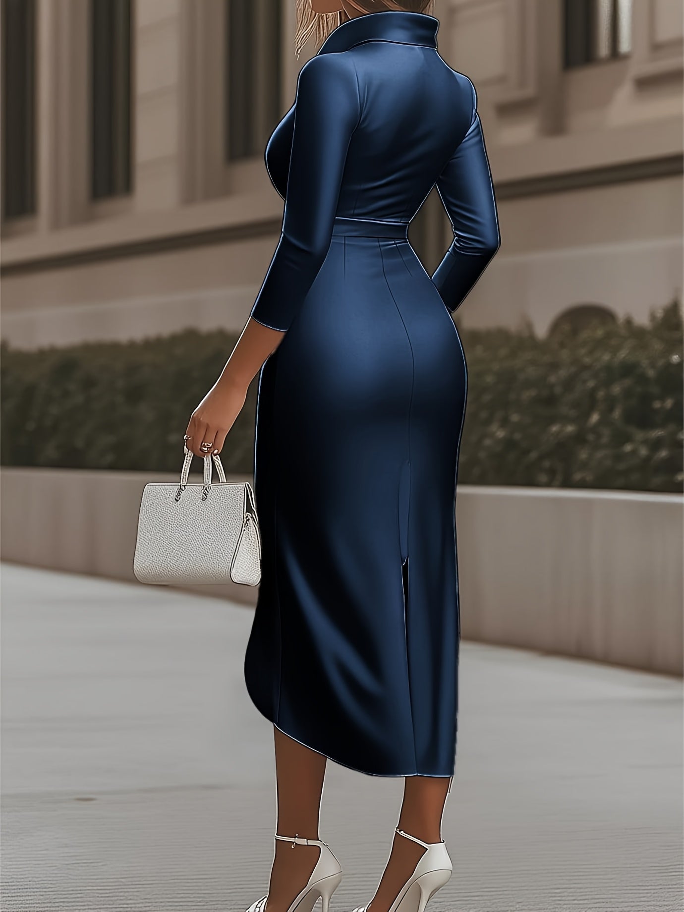 White Satin Deep V - neck Dress, Autumn & Winter Mid - sleeve High - waist Style, Asymmetric Hem, Suitable for Workplace Commute & Dinners