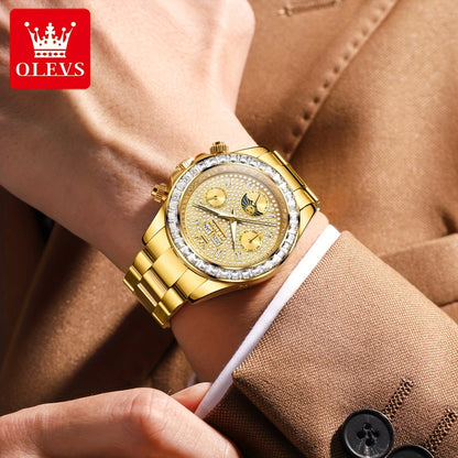 OLEVS Men's Automatic Mechanical Business Watch - Stainless Steel Luminous Golden-Tone Dial with Accents, Date & Day Display, Luxury Dress Watch for Formal Events & Professional Settings, Automatic Mechanical Watch, Formal Ti