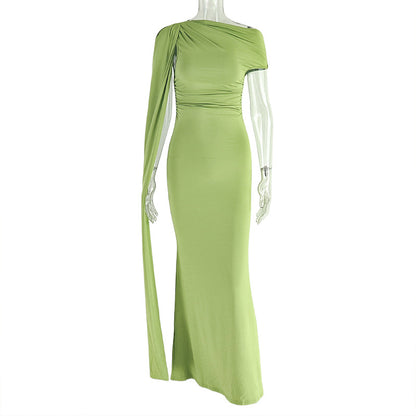 Women's Slim Fit Single Shoulder Dress - Elegant Strapless Diagonal Collar Long Evening Gown Suitable for Weddings, Galas, Proms - Year-Round Formal Dress